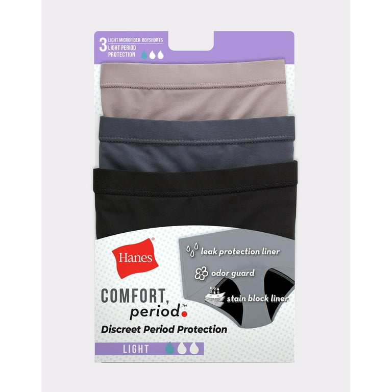 Hanes Comfort, Period. Women's Boyshort Underwear, Light Leaks, Neutrals,  3-Pack Assorted 6