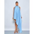 thumbnail image 3 of Blue Glossy Satin Halter Neck Asymmetrical High-Low Maxi Dress, Sleeveless Backless Evening Gown, 3 of 6