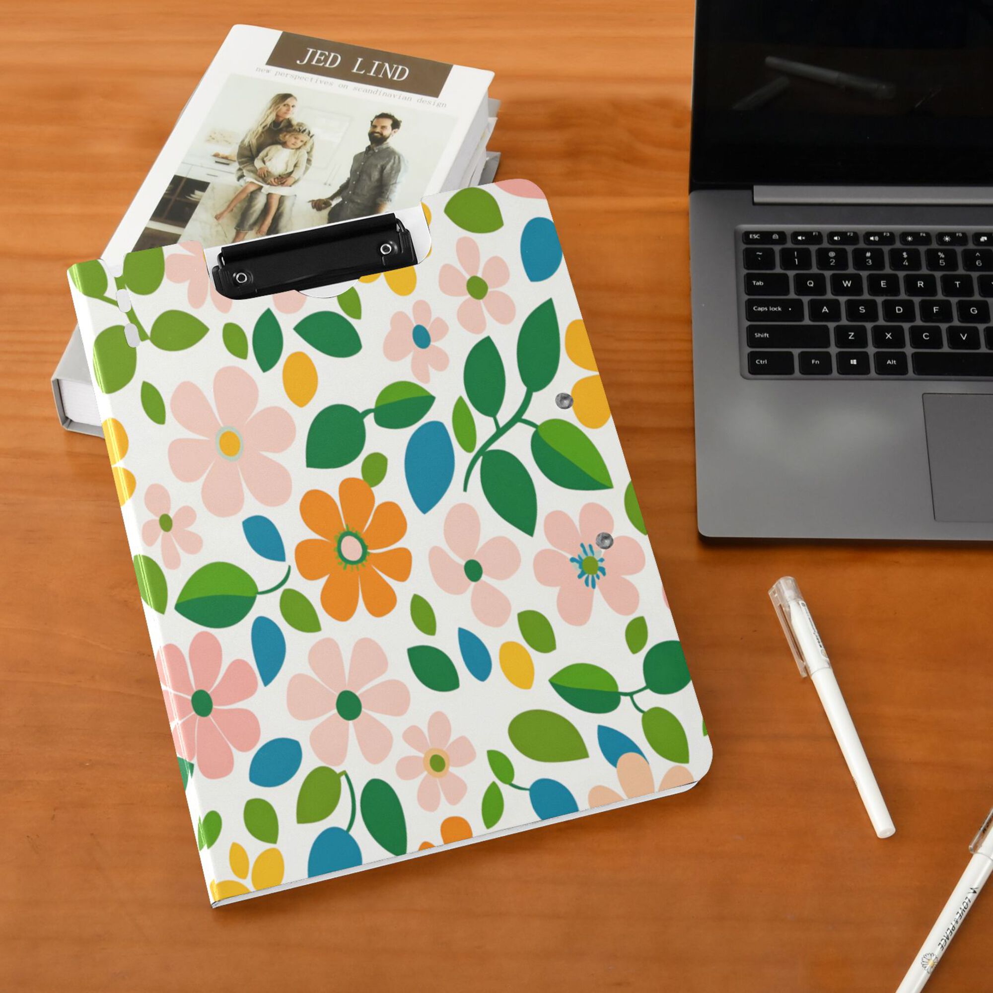 FORMRS A4 Clipboard Folder with Pen Holder Horizontal Foldable School Office Binder, Retro Orange Floral