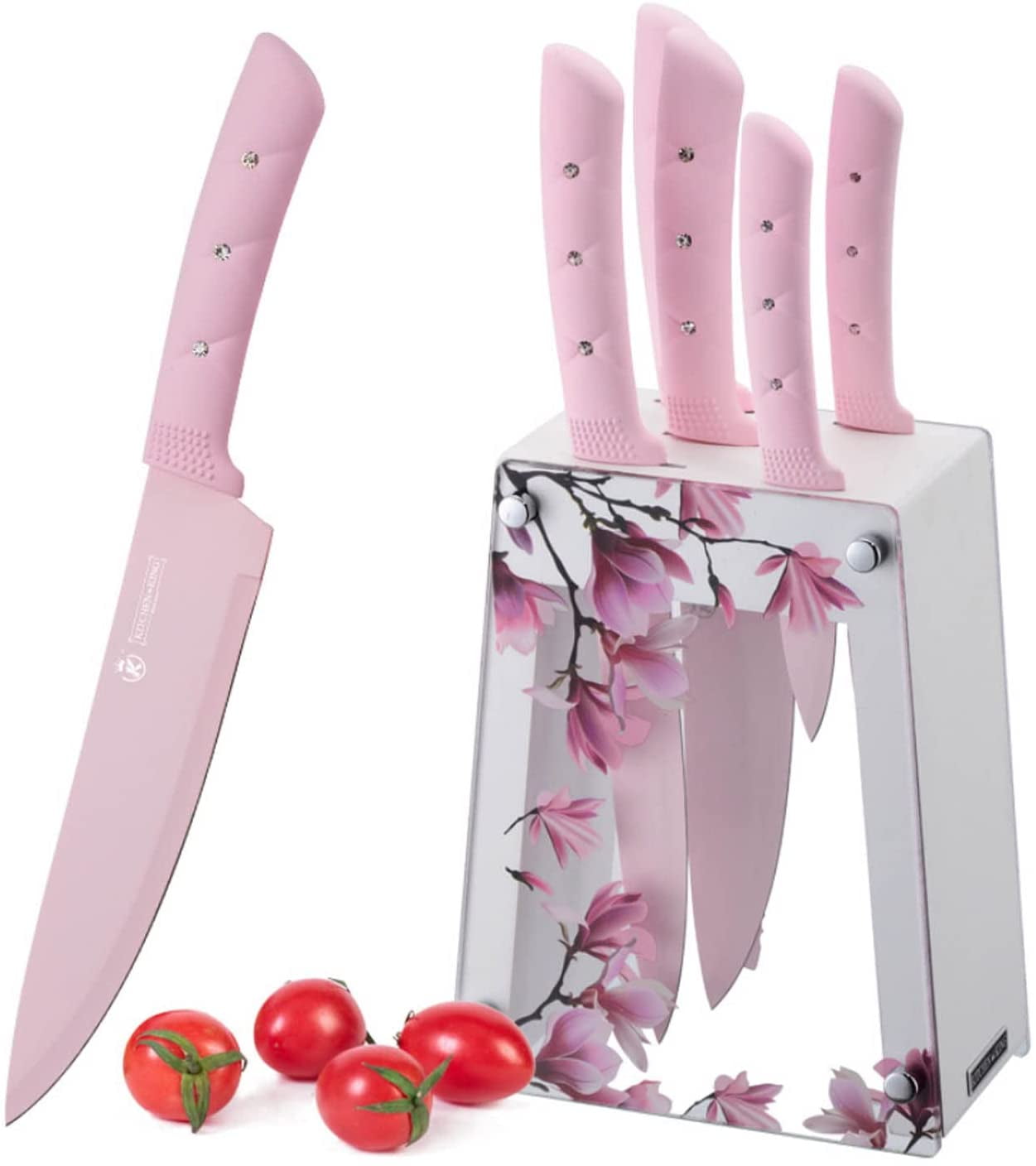 lighed Tilmeld fad Kitchen Knife Set, SAYTAY Pink Flower 6PC Stainless Steel Sharp Chef Knife  Set with Acrylic Stand, Cooking Non-slip Knife Set with Block, Non-stick  Colorful Coating Gift for Women Girls (Pink) - Walmart.com