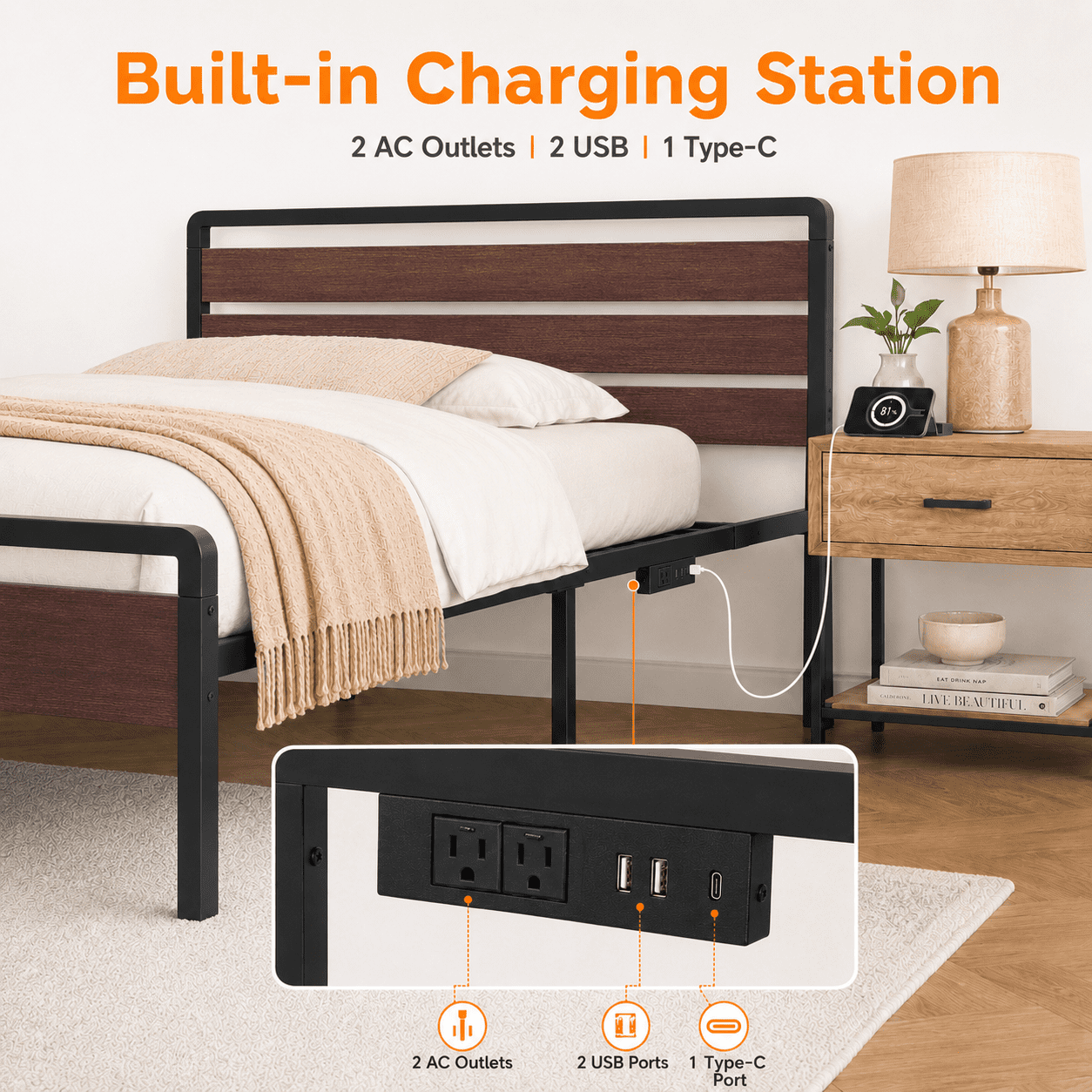 Zimtown Full Platform Bed Frame with 12-Inch Under-Bed Storage, LED Lighted Headboard & Footboard, Modern Apartment Bedroom,Rustic Red Brown