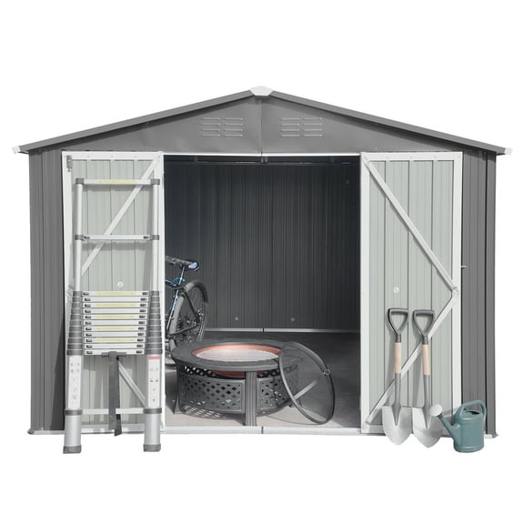 10ft x 12ft Metal Outdoor Garden Storage Shed with Double Doors Galvanized Steel Shed for Lawn Mower, Bike & Garden Tool Storage, Grey