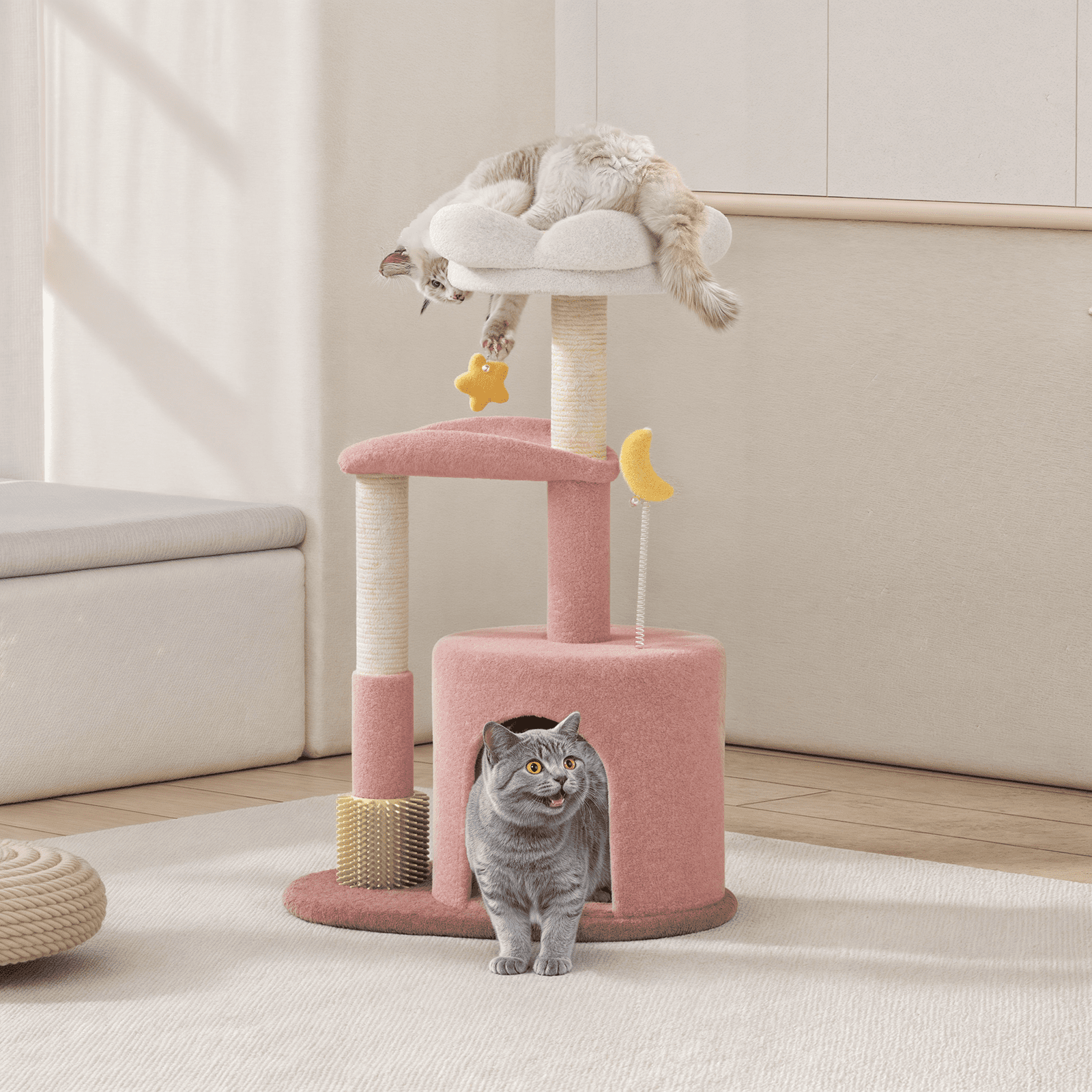 MoNiBloom 33" Flower Cat Tree for Indoor Cats, Compact Cat Tower with Condo, Scratching Posts, Flower Perch & Dangling Toys for Kittens & Small Cats, Cute Cat Furniture Stand, Pink