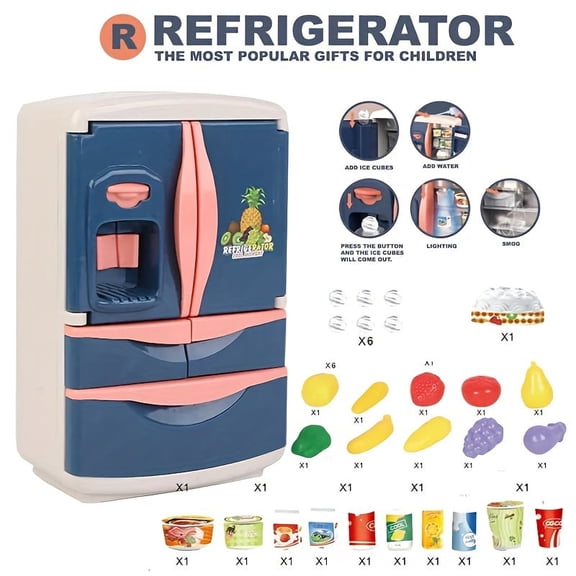 Yuuchoringee Toy Refrigerator Mini Fridge with Mist, Music & Lights, Ice Maker, Play Food & Drinks, Blue