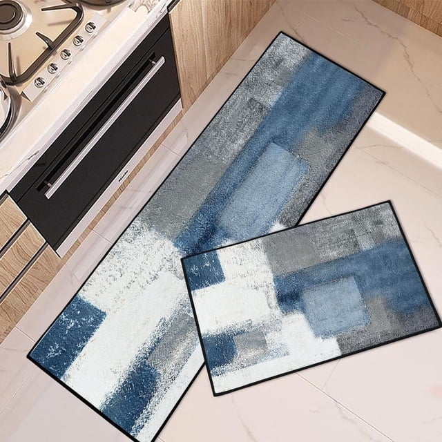 Blue Modern Kitchen Rugs Set - Grey White Abstract Mats, Non-Skid Washable, Geometric Painting Runner Rug, Graffiti Art Kitchen Decor, Set of 2, Ideal for Contemporary Kitchens