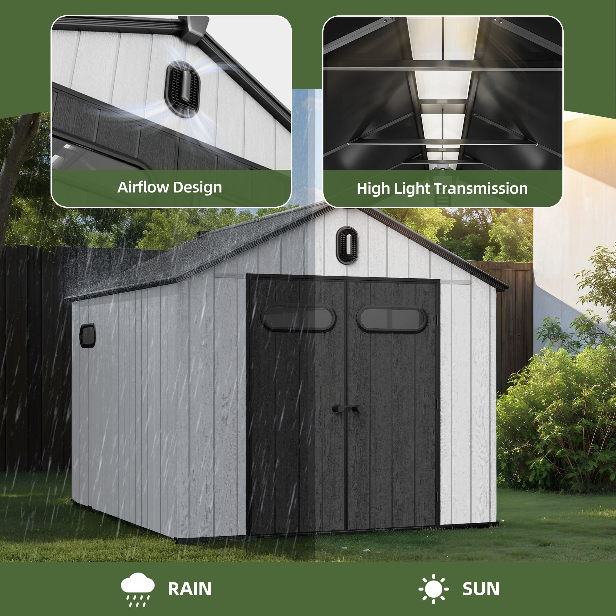 Uforic 8x10ft Outdoor Resin Storage Shed with Floor, 544 cuft Garden Shed with Lockable Door, Windows & Vents, Plastic Tool Storage, Waterproof