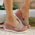 thumbnail image 5 of Rokment Bridal Sparkly Rhinestones Pearl Wedges Dress Sandals for Women Bride Wedding Fashion Bling Open Toe Platform Chunky High Heel Dressy Slip on Beach Summer Slides Pink Size 8, 5 of 8