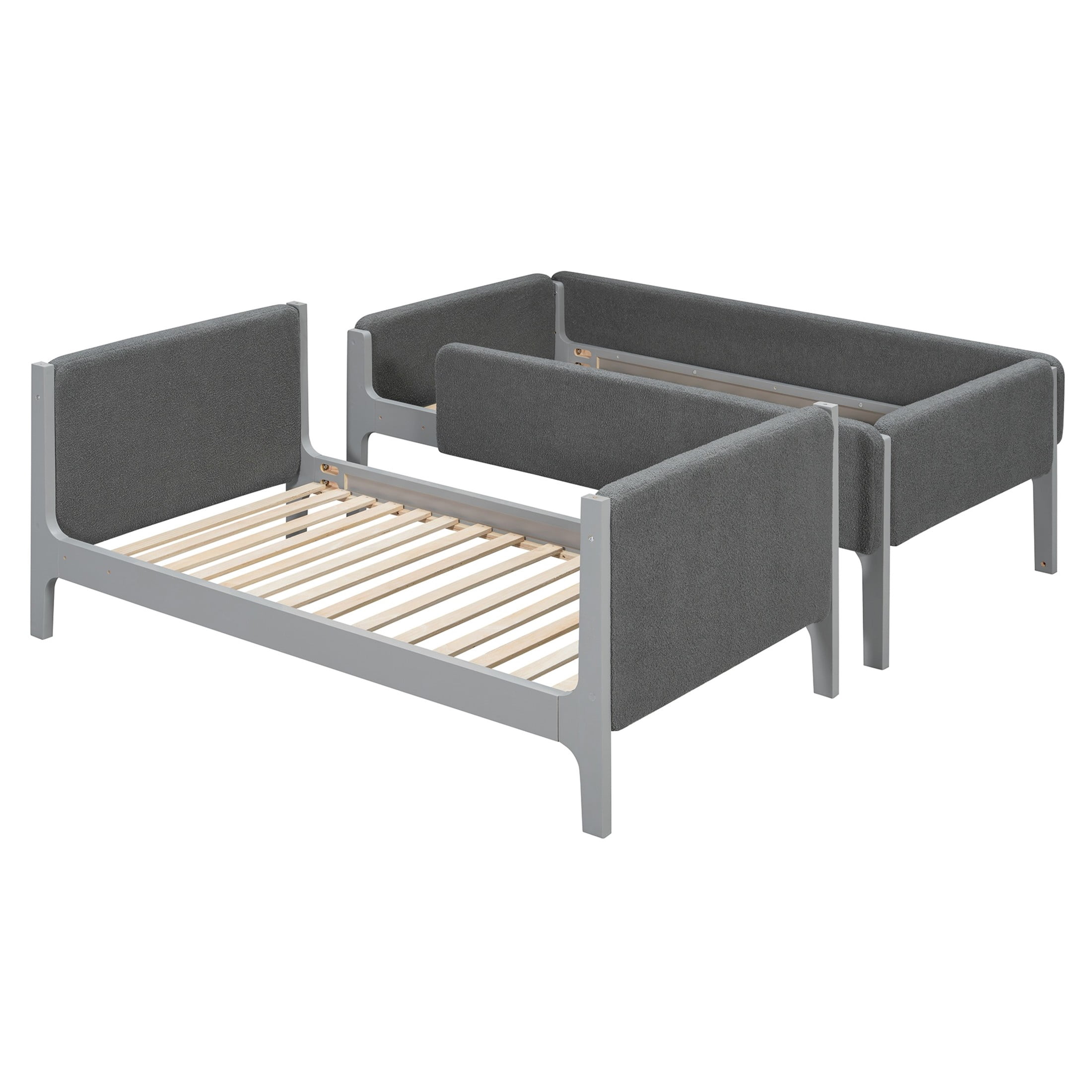 Christopher Knight Home Twin Over Twin Upholstered Bunk Bed for Kids, Thick Padded Headboard, Gray