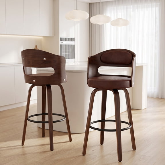 iooHug 360° Swivel Bar Stools Set of 2, Mid-Century Modern Counter Chairs with Wood Back and PU Leather Seat for Kitchen Island