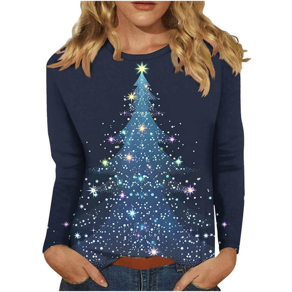 Festival Saving Christmas Tshirts Women Round Neck Long Sleeve Christmas Tree Print Blouse for Holiday Wear Comfort Fit Shirt Style Top Tees My Items