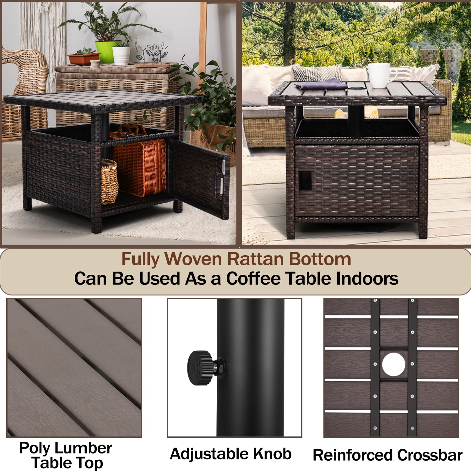 Umbrella Table with 2 Weight Bags Outdoor Patio Umbrella Side Table with Umbrella Hole Small Brown Wicker End Table for Outside Storage Coffee Table with Poly Lumber Top for Pool Garden Balcony Deck
