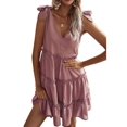 thumbnail image 2 of Txlixc, vestido informal de verano para mujer, vestido acampanado de Color sólido sin mangas con cuello en V y volantes, vestido plisado para fiesta en la playa, ropa de calle Txlixc  Estilo de ocio, 2 of 8