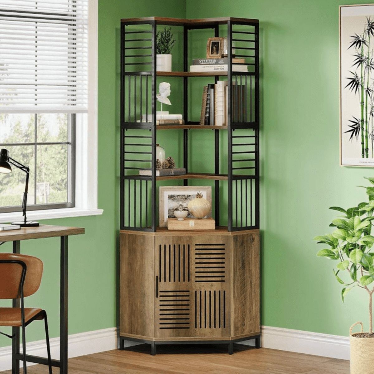 5-Tier Corner Storage Cabinet with Door, MDF & Metal Frame, Industrial Style for Living Room/Home Office/Balcony