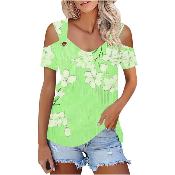 Camisas de Manga Corta para las Mujeres de Verano Sexy Frío Hombro Suéter Blusa Cuello en V Sólido, Ligero para Diario