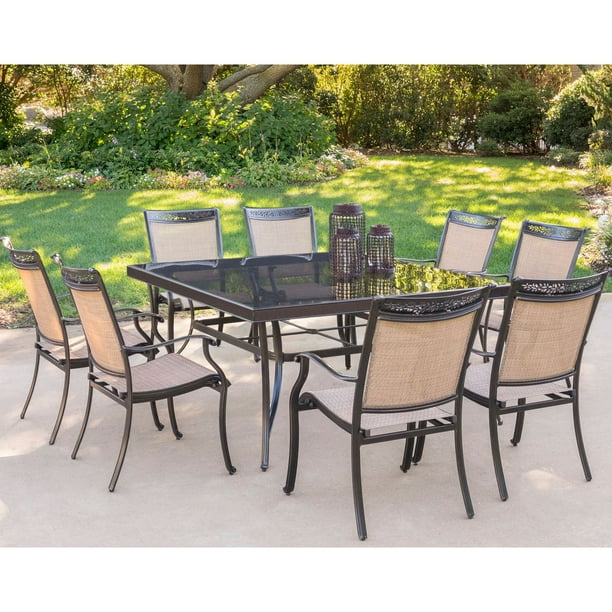 Hanover Fontana 9 Piece Outdoor Dining, Outdoor Glass Top Table And Chairs