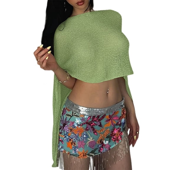 Women Sheer Poncho Top Light-Weight Knit Crochet Shrug Mesh Batwing Sleeve Sweater Cover Up Green L