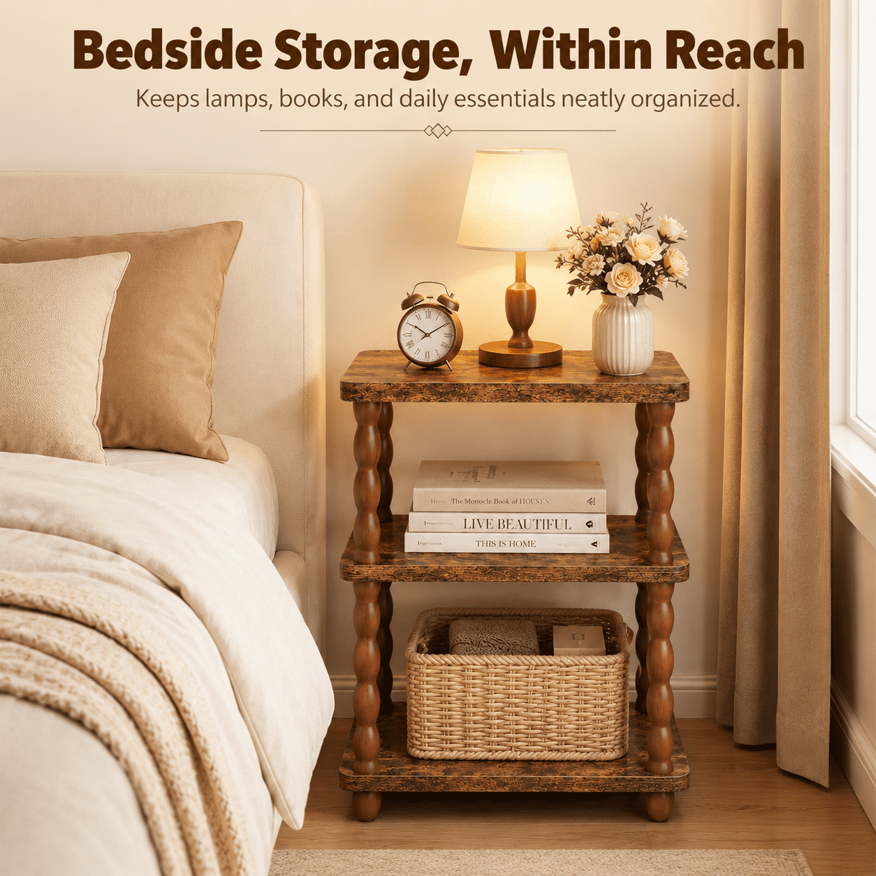 MEHOOM 3-Tier Side Table, Nightstand with Storage, Vintage Accent Table Small End Table for Living Room and Bedroom