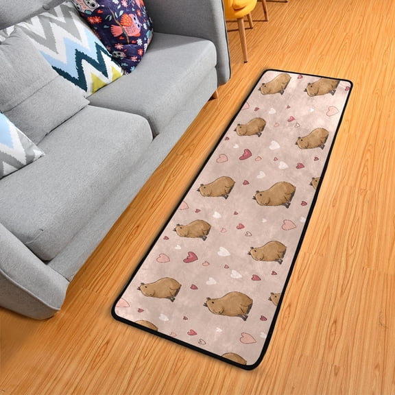 Capybara and Valentine Hearts Long Floor Mat Runner Rug Area Rug Carpet Water Absorbent Non-Slip 72" x 24"