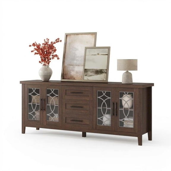 Farmhouse TV Stand, 160 * 40 * 68 cm MDF PB, Entertainment Center with Glass Doors & 3 Drawers, TV Console for 70 Inch TV, Living Room Media Cabinet,Brown