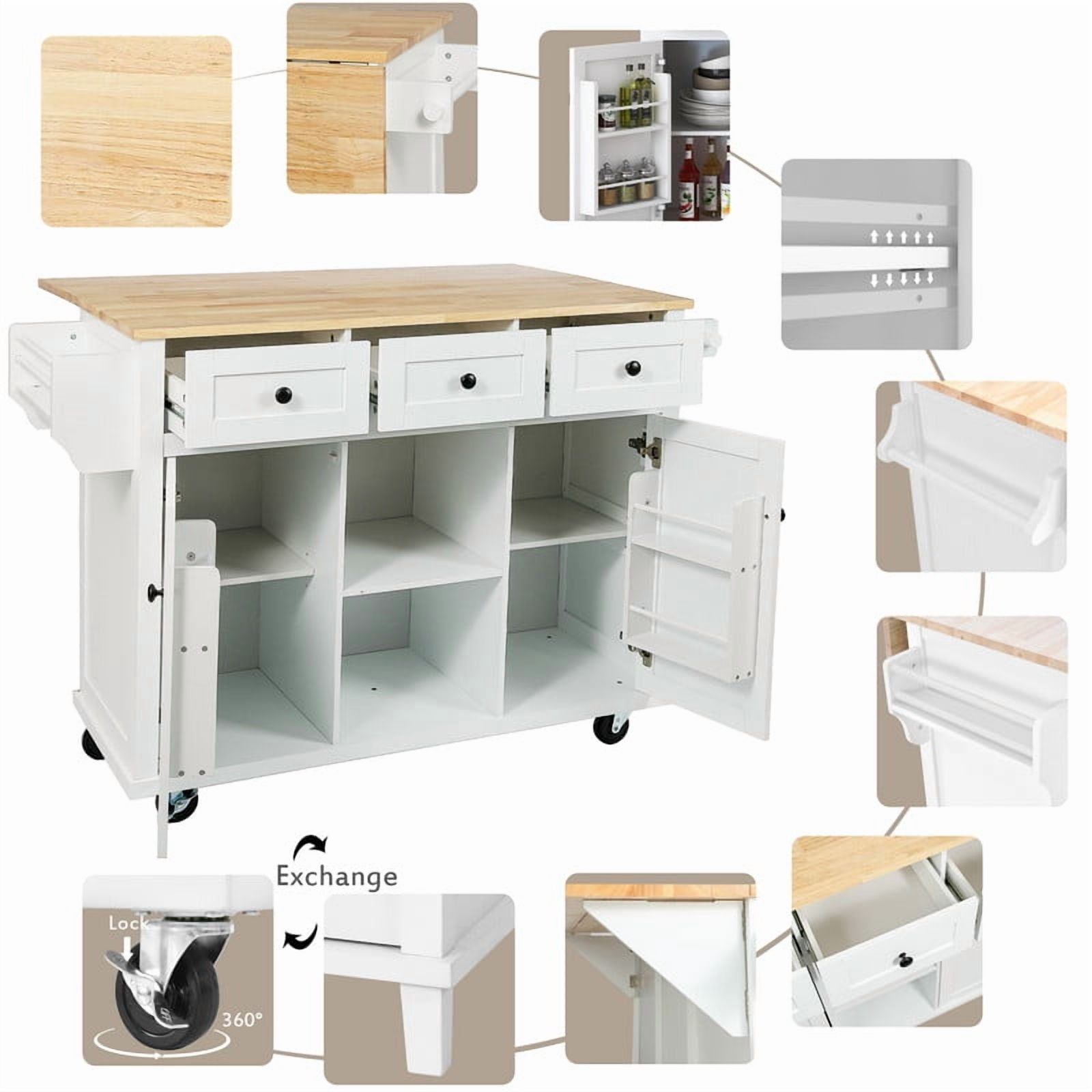 HICOMILA Kitchen Island Cart with Drop Leaf, Rolling Kitchen Island on Wheels with Storage Cabinet, Rubber Wood Countertop, 5 Drawers & Cabinet Door Storage Racks, White
