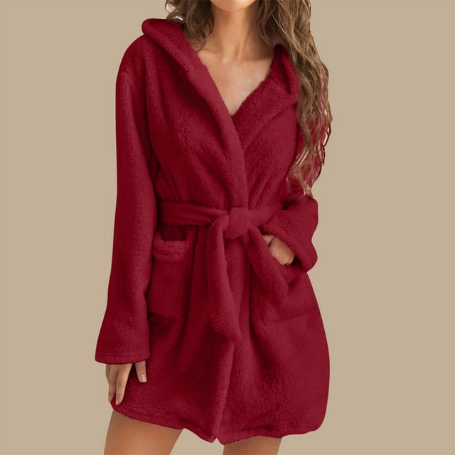 Wiyuqeen Solid Mid Length Robes for Women Soft Flannel Bathrobe Fall Winter Absorbent Pajama Robe with Pockets Womens Fuzzy Fleece Loungewear