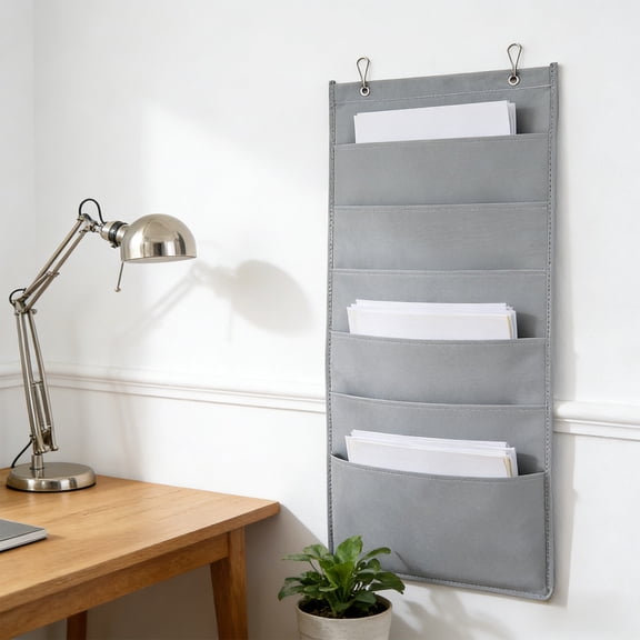 JUSEO Wall File Organizer – 6-Pocket Gray Hanging Magazine Holder