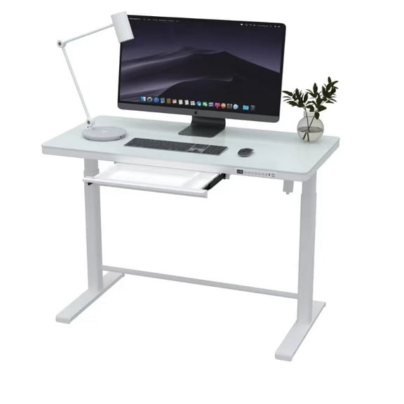 Rise Up Glass Electric Standing Desk 23.7x 45.3” glass desktop adjustable height 27-46.3” sit stand-up ergonomic office computer workstation memory usb c charging ports outlets easy assembly white