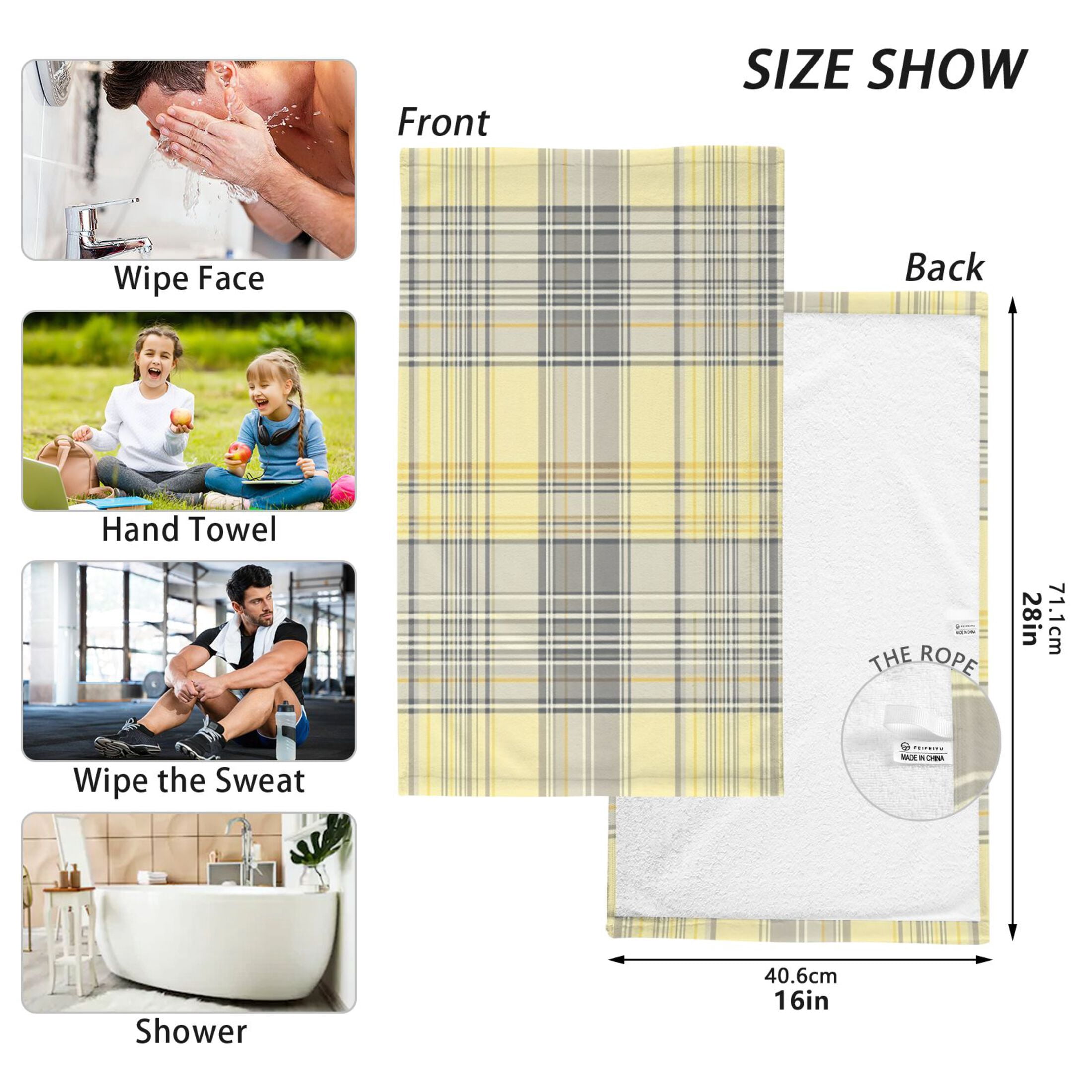 2 Pcs Absorbent Face Towel Bath Hand Towels Soft Breathable Cotton Towel Set for Bathroom Kitchen Hotel Spa Decor Light Yellow and Grey Tartan
