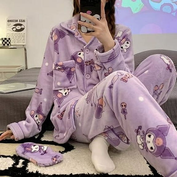 Sanrio Themed Flannel Pajama Set for Women,Warm Cozy Loungewear Set
