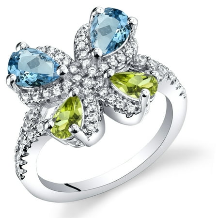 Blue Topaz Butterfly Ring - 1.50 Carats Swiss Blue Topaz and Peridot Butterfly Ring in Sterling Silver