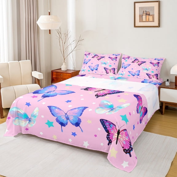 Castle Fairy Flying Butterfly 3Pcs Twin Sheet Sets for Teens Girls Boys Children,Stars Print Twin Fitted Sheet,Dreamy Princess Breathable Flat Sheet,Lightweight Room Decor