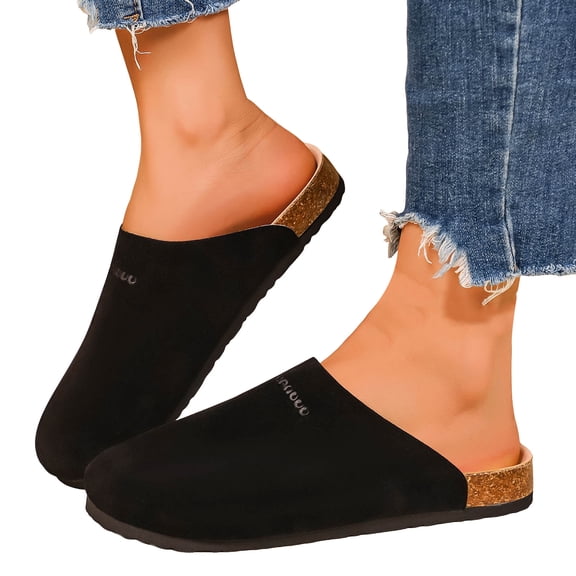Suede Clogs for Women Men Retro Cork Footbed Slides Closed Round Toe Sandals Nonslip Flat Walking Shoes Black Size 6