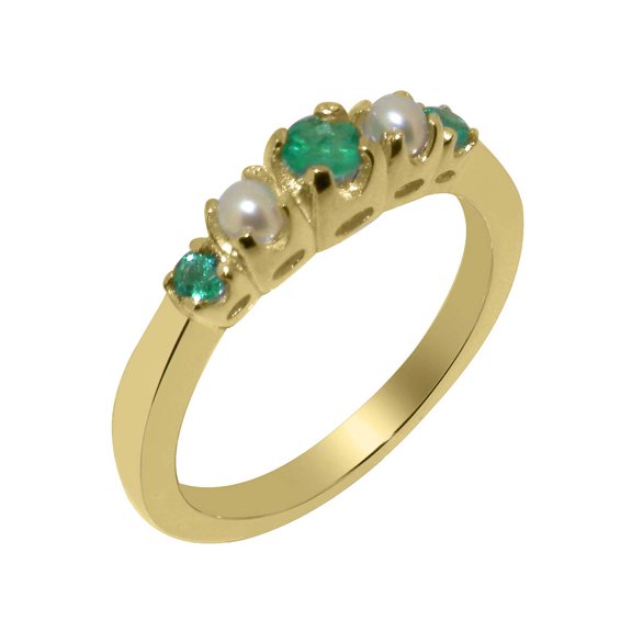 LBG British Made 14k Yellow Gold Natural Emerald & Cultured Pearl Womens band Ring - 33 size options - Size 10