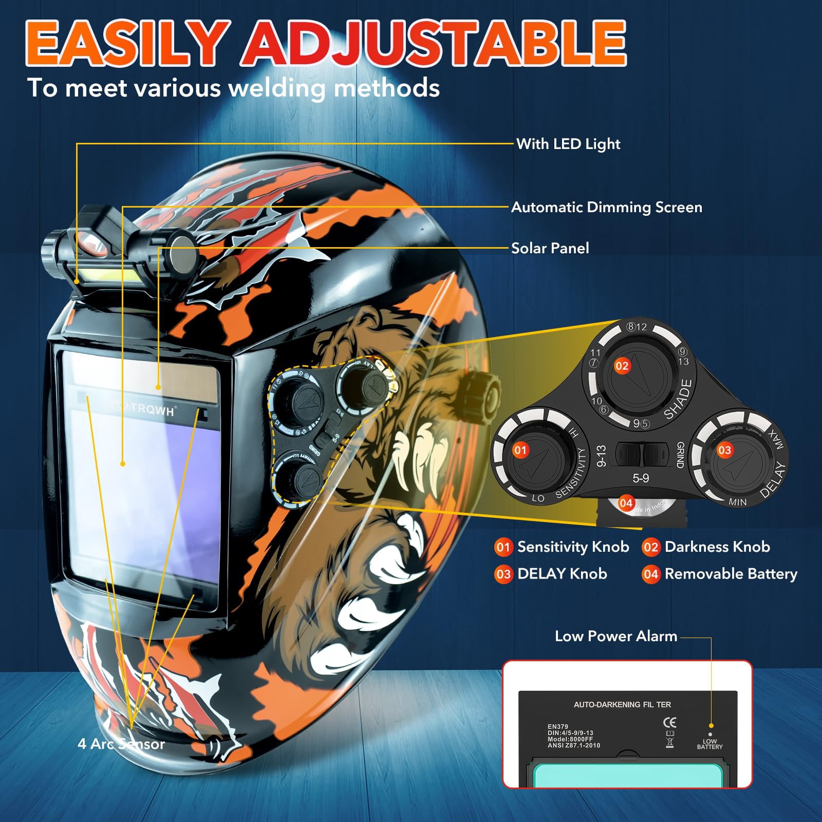 TRQWH Large View 3.94" x 3.15" Welding Helmet Auto Darkening Welding Hood with LED Light Solar Powered True Color 4 Arc Sensor Welding Mask Wide Shade 4/5-9/9-13 Weld Helmet with Grinding (KTS-QLS06)