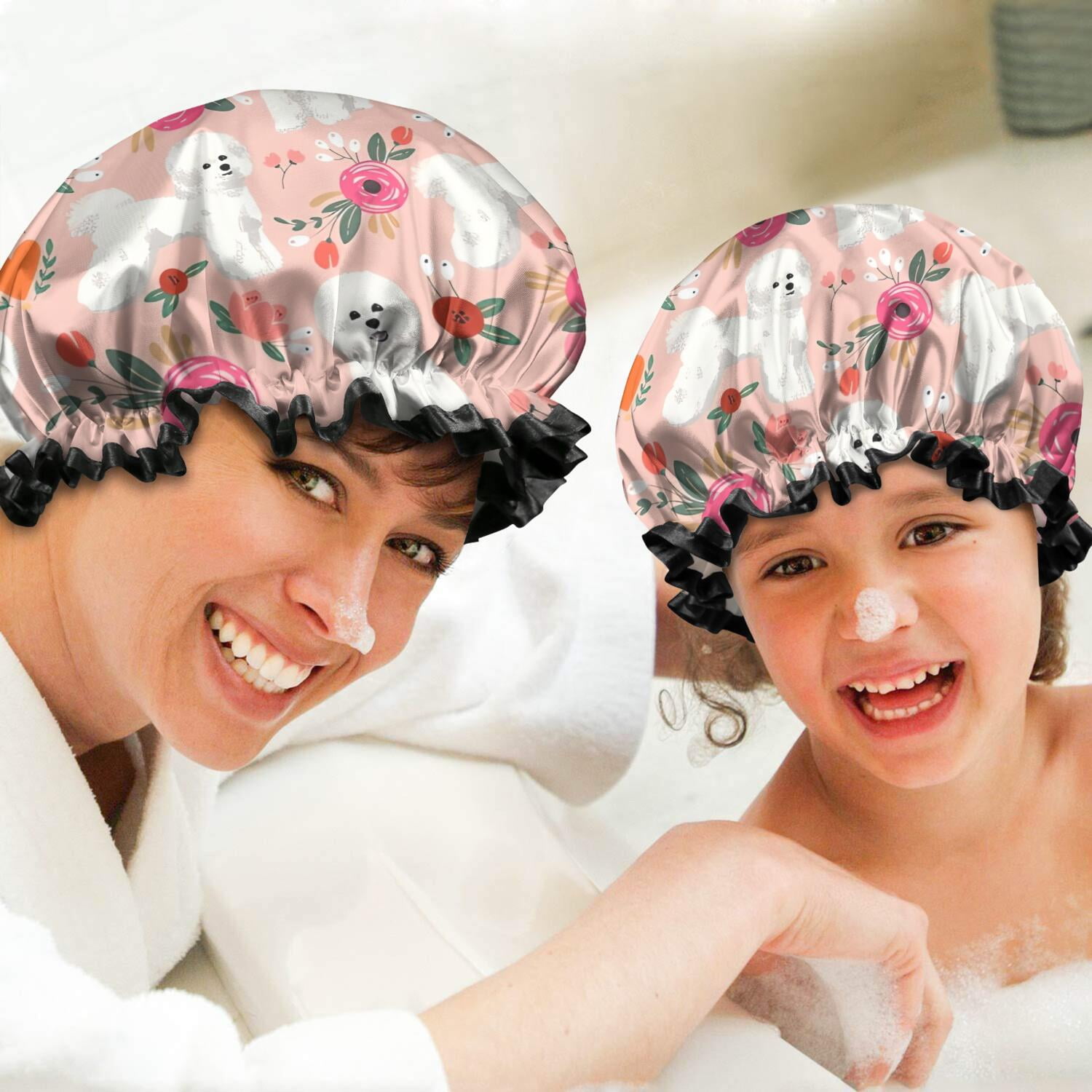 Shower Caps,Pink Bichon Frise and Flower Waterproof Shower Cap for Women 4 Pieces,Double Reusable Hair Cover for Shower PEVA Elastic Stretch Hem