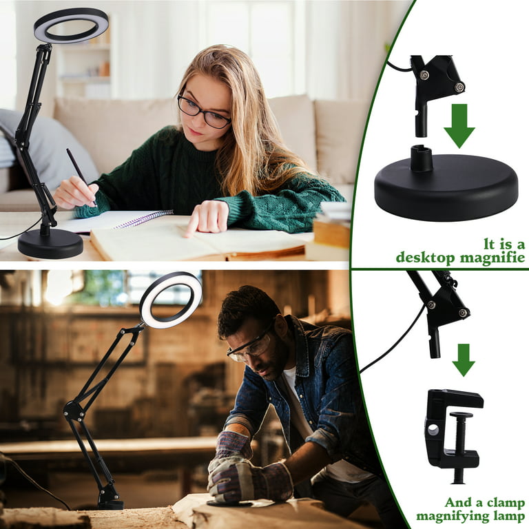 10x Magnifying Glass with Light and Stand,2-in-1 Heavy Duty Base&Clamp Magnifying Lamp,Light Lamp with 3 Color Modes, Size: 2.1, Black