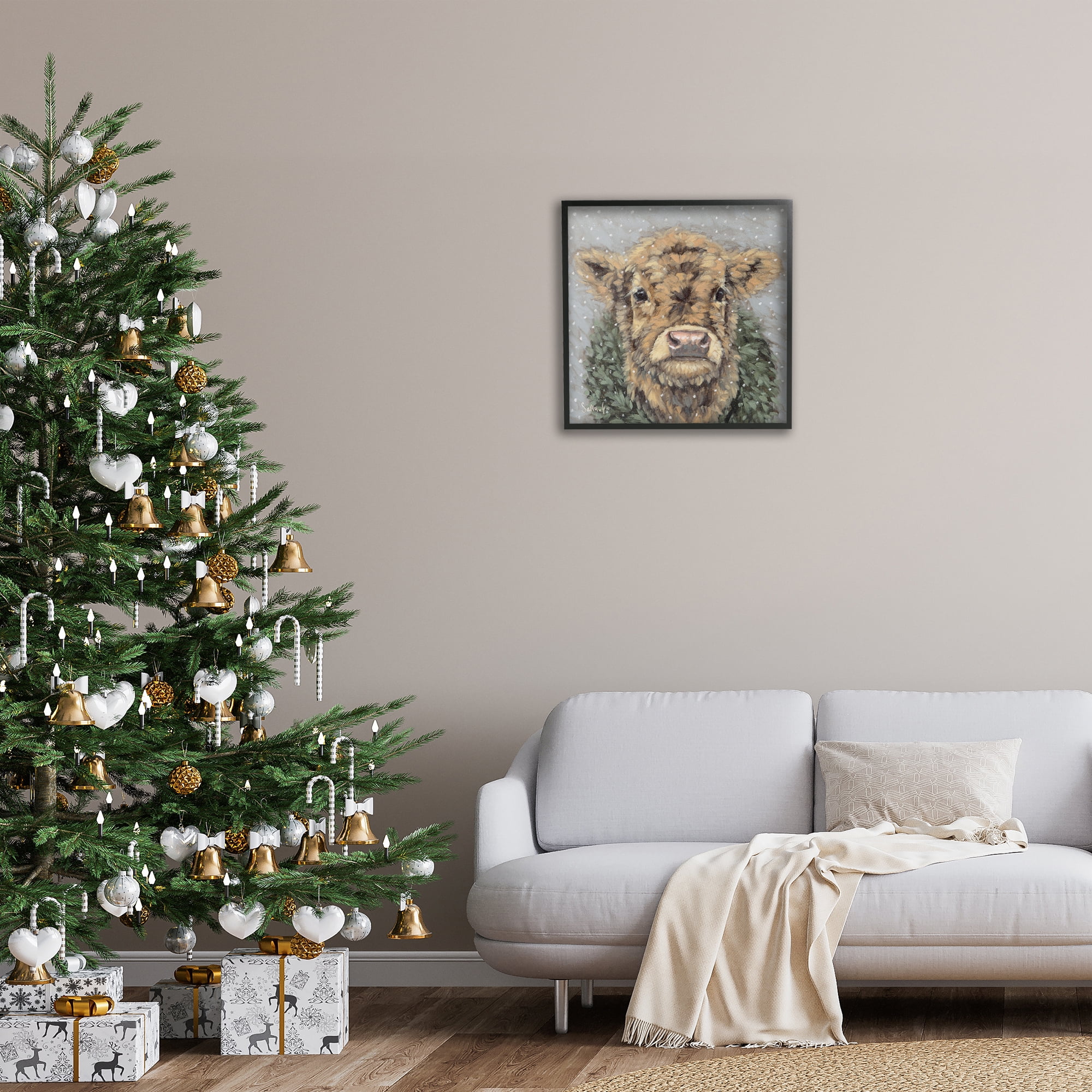Stupell Industries Snowy Cattle & Wreath Animals & Insects Painting Black Framed Art Print Wall Art, 24 x 24