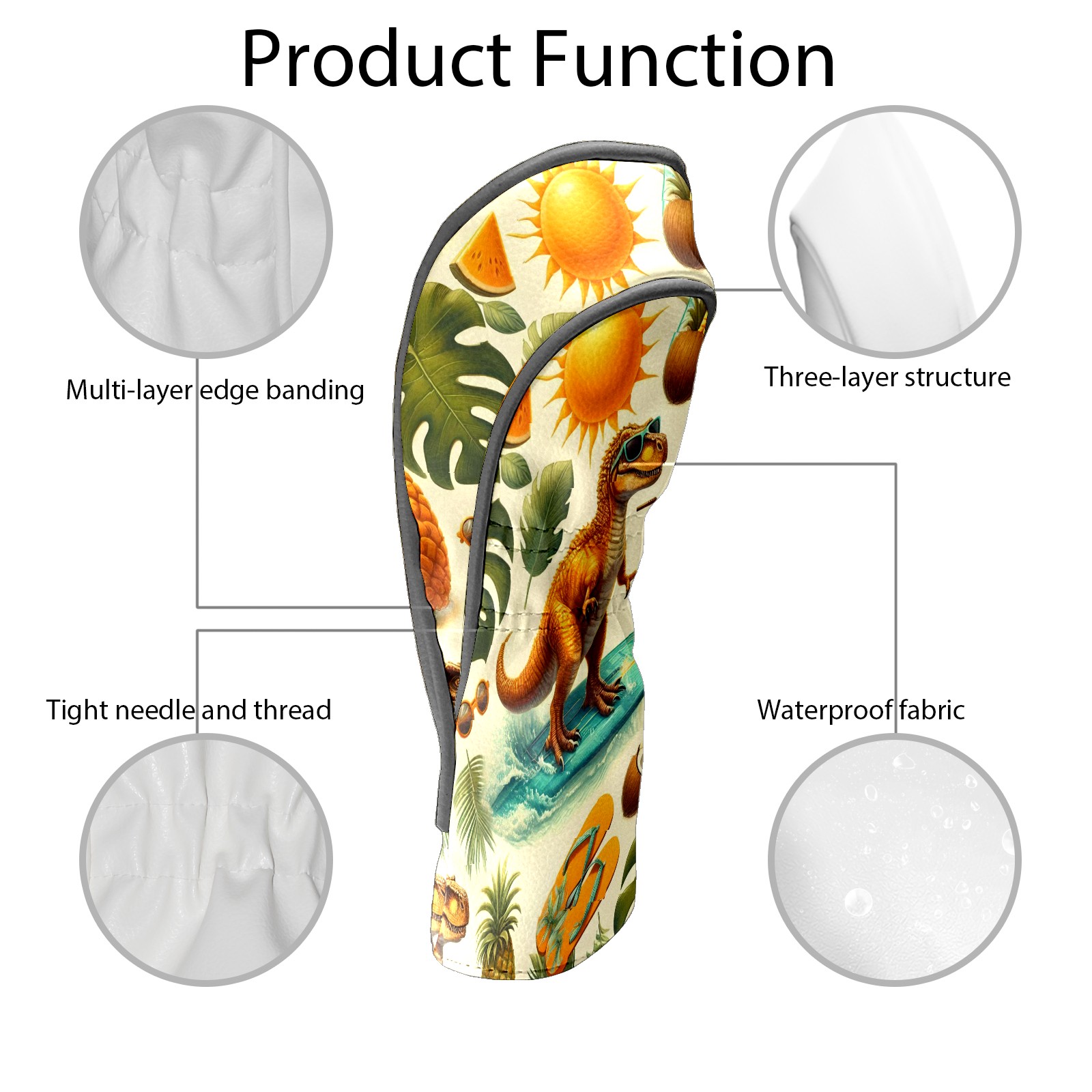 Golf Club Covers, Bright Dinosaur Surf Premium PU Leather Driver Hybrid Putter Head Covers with Velvet Lining, Waterproof Golf Gifts for Men Women