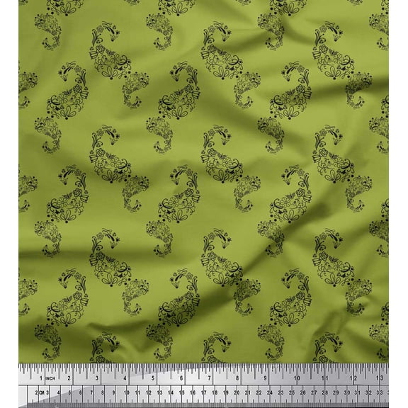 Soimoi Green polyester Crepe Fabric Black Sketch Floral & Paisley Decor Fabric Printed BTY 42 Inch Wide
