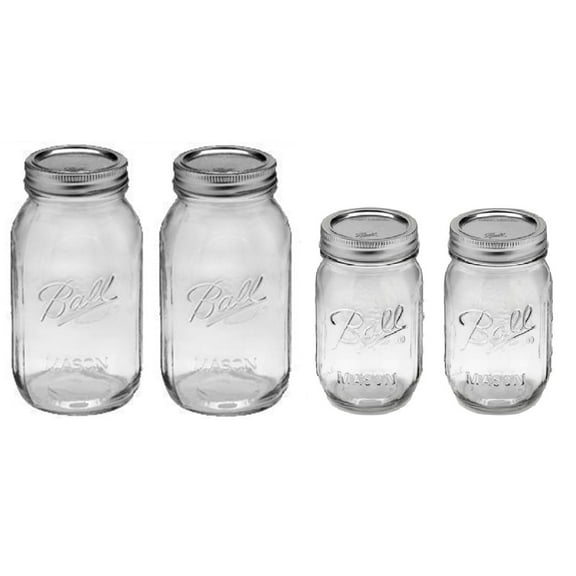 Ball Glass Mason Jar Regular Mouth Variety Pack, 2 Pint Size & 2 Quart Size Variety Pack