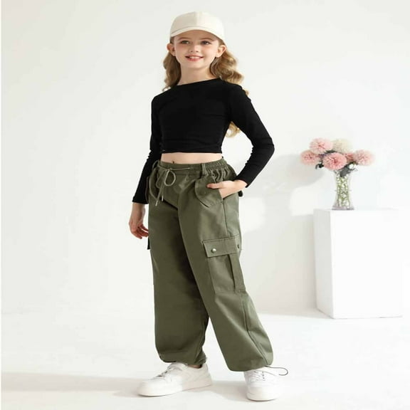 Usaibhir Girls Cargo Pants Joggers Slim Fit with Zip Pockets Kids Quick Dry Lightweight Drawstring High Waisted Parachute Baggy Sweatpants for 7-14Y