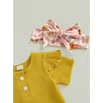 thumbnail image 5 of Wassery Infant Baby Girls Clothes Solid Color Knit Rib Short Sleeve Romper Crew Neck Jumpsuits Flower Print Flare Pants Headband 3Pcs Summer Set 0-18M, 5 of 8