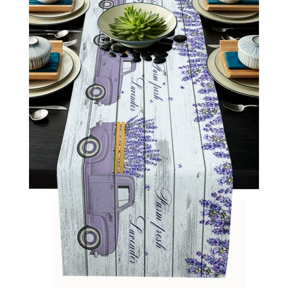 Table Runner Dresser Scarves 90 Inch Long, Purple Lavender Farmhouse Floral on Trucks Linen Dining Table Runners Wood Board Tabletop Scarf for Wedding Holiday Party Kitchen