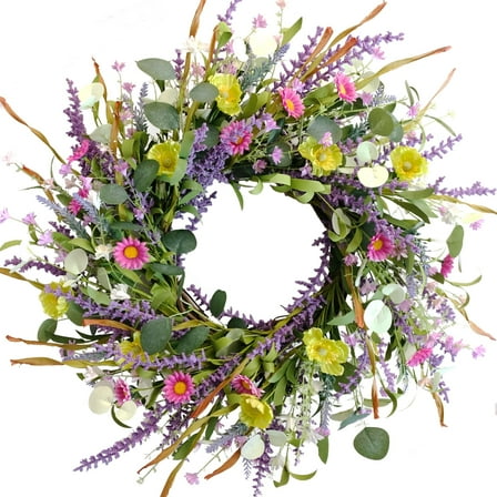 Idyllic 22 Inch Spring Summer Wild Flower Artificial Daisy Front Door Wreath, Everyday Greenery Eucalyptus Leaves for Indoor and Outdoor Use, Rustic Farmhouse Style Home Wreath Decor