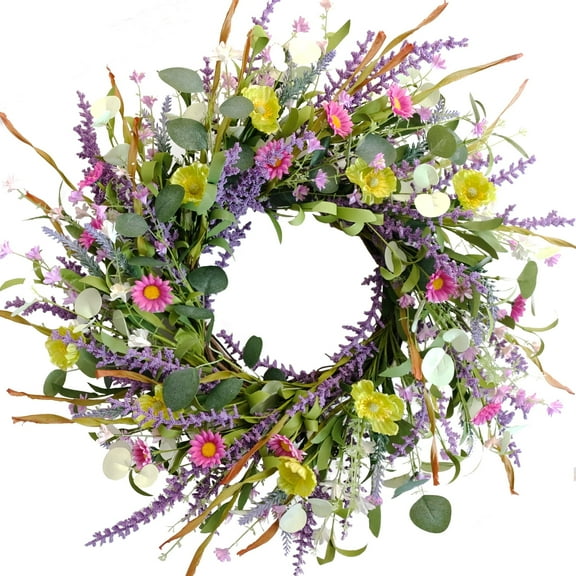 Idyllic 22 Inch Spring Summer Wild Flower Artificial Daisy Front Door Wreath, Everyday Greenery Eucalyptus Leaves for Indoor and Outdoor Use, Rustic Farmhouse Style Home Wreath Decor