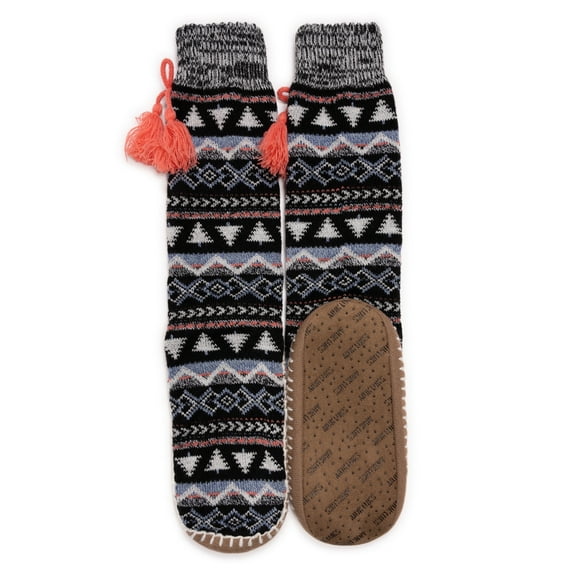 MUK LUKS Women's Tassel Slipper Socks, Black Multi, L/XL