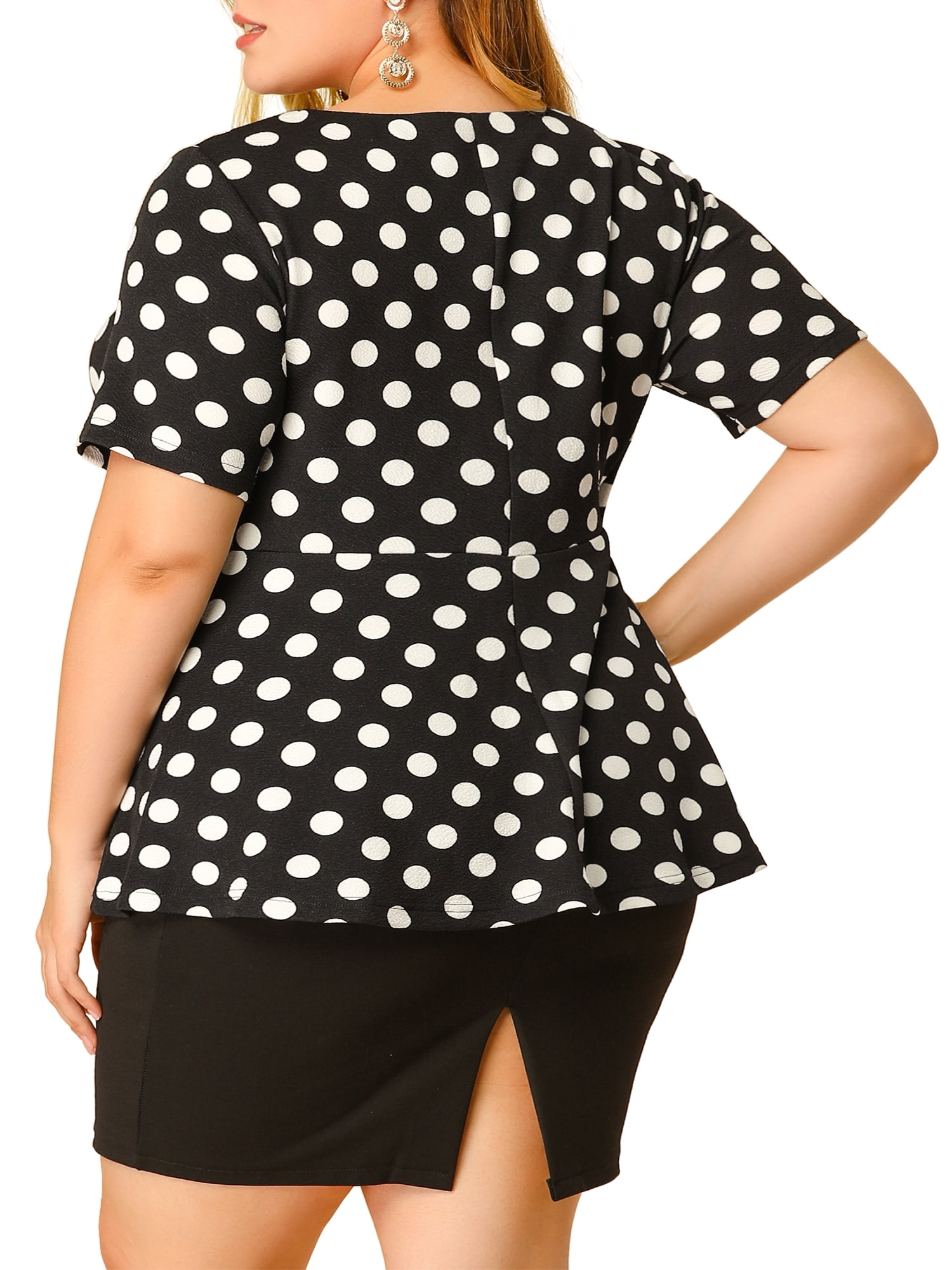 Unique Bargains Women's Plus Size Short Sleeve Solid Outfits Fashion Wrap Peplum Tops 4X Black White