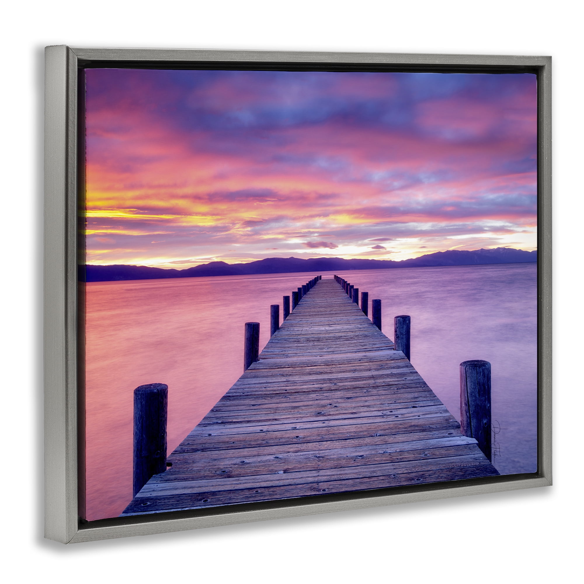 Stupell Industries Purple Sunset Dock Landscape Photography Gray Floater Framed Canvas Art Print Wall Art, 21 x 17