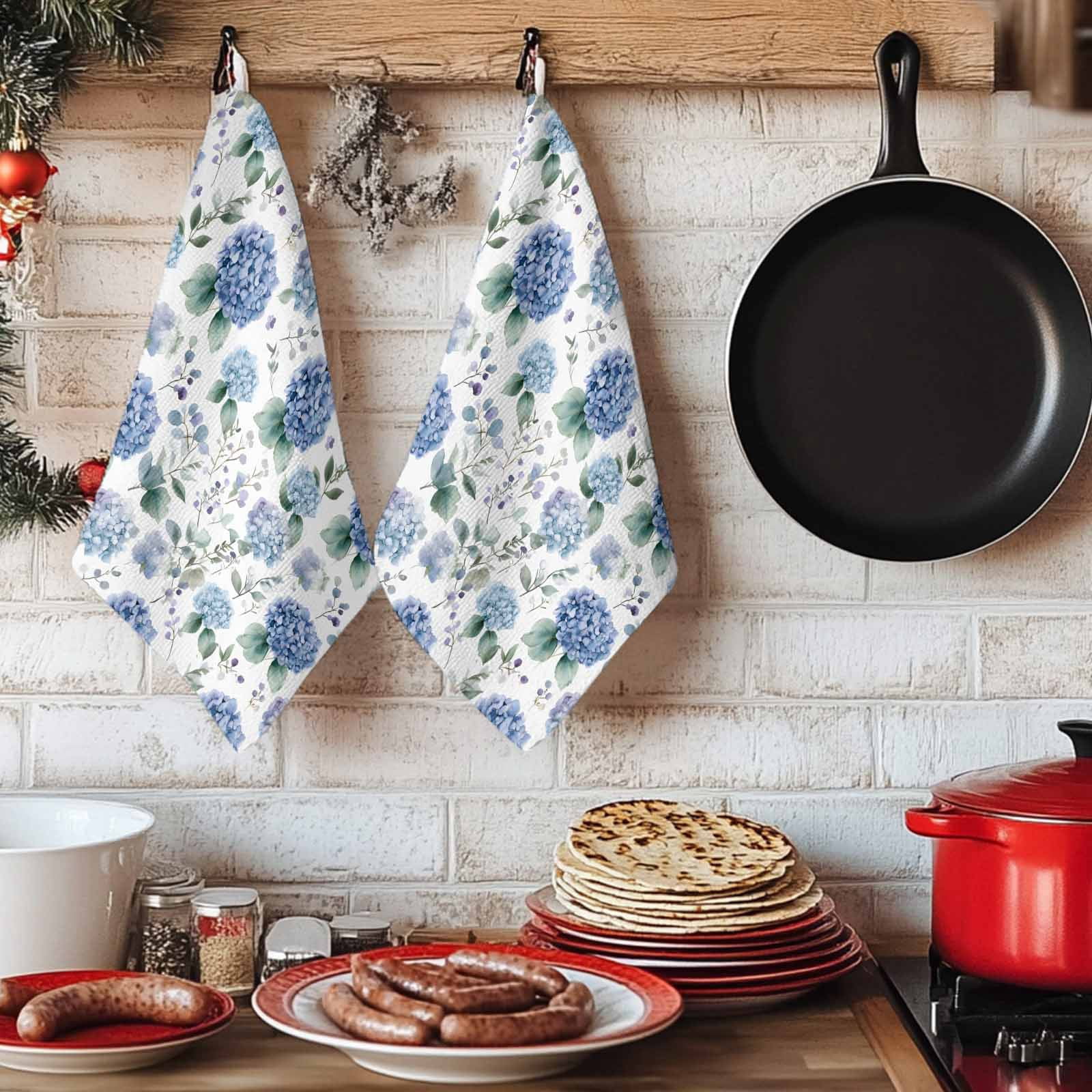 Blue Spring Floral Kitchen Towels Set of 2, Watercolor Botanical Elegant Soft Microfiber Dish Towels, Absorbent Quick-Dry Washable Dishcloths for Kitchen Cleaning, Drying Dishes, 18x28 Inches