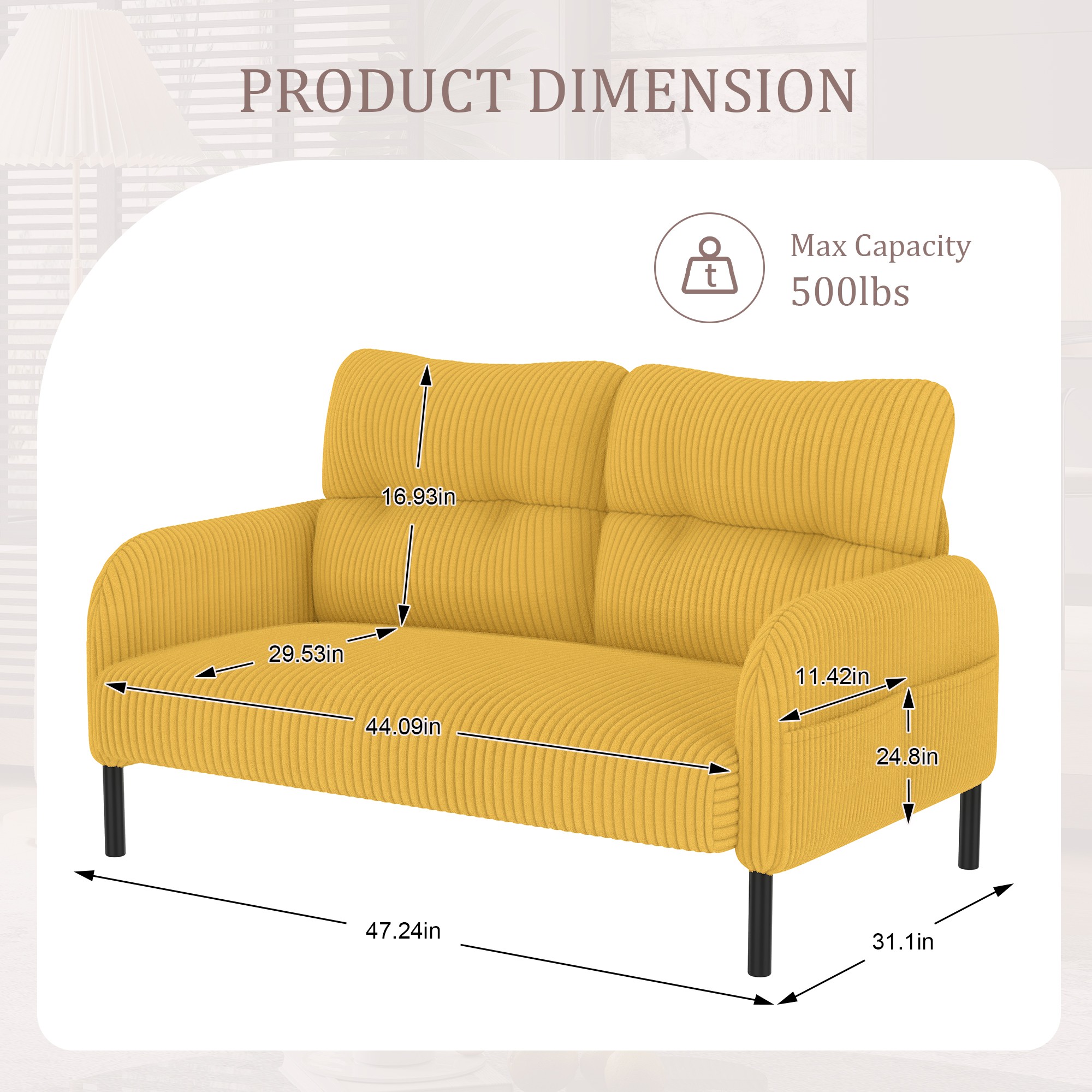 47" Small Loveseat Sofa Couch for Small Spaces,Corduroy Upholstered 2-Seater Love Seats for Apartment, Bedroom,Office,Yellow